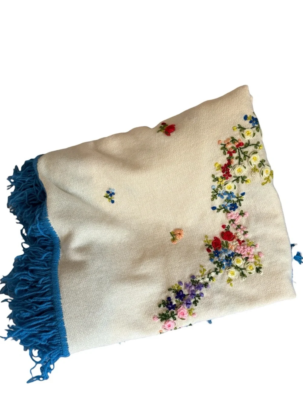Vintage Crewel Hand Embroidery Needlepoint Tablecloth Throw Blanket Ribbon Roses